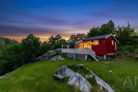 Velkommen til Flosta Kirkevei 87 - En koselig og sjarmerende fritidsbolig med idyllisk beliggenhet. FOTO: Fokus foto