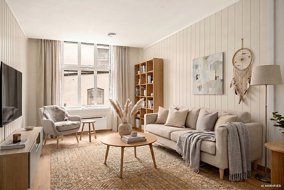Velkommen til Grønnegata 61D! Fotograf: Bernat Tubau. Det gjøres oppmerksom på at det er benyttet digital styling på denne leiligheten.