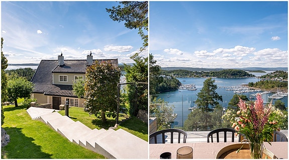 Velkommen til Bekkelagsterrassen 15! Foto: Guttorm Stilén Johansen. Eiendommen ligger meget privat til da den ligger nedenfor veien og er fremste hus på rekka. Det er flere platåer og opparbeidede arealer.