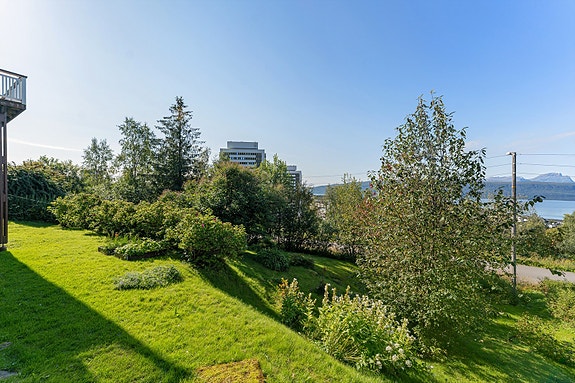 Tomten er pent opparbeidet med plenarealer, prydbusker, blomsterbed og annen beplantning som gir et trivelig og innbydende uteområde.