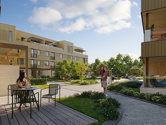 Illustrasjon av lavblokken og felles atrium. Det gjøres oppmerksom på at illustrasjonen kun er ment for å danne et inntrykk og vil avvike fra endelig leveranse.