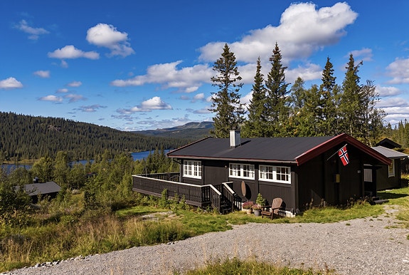 Velkommen til denne flotte hytta i Synfjellet. (Foto-Olsen, ai-styling utvendig)