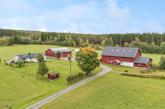 Velkommen til Sjølivegen 363 - et småbruk med bolig, låve og verksted, omgitt av jorder og skog. Det laftede annekset medfølger ikke.