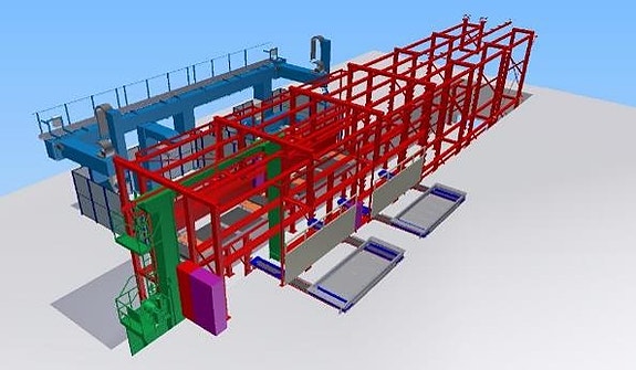 Oversiktsbilde over FMS robotsveiseanlegget med 2 inn/ut stasjoner og 2 fullmanipulerte robotsveisestasjoner