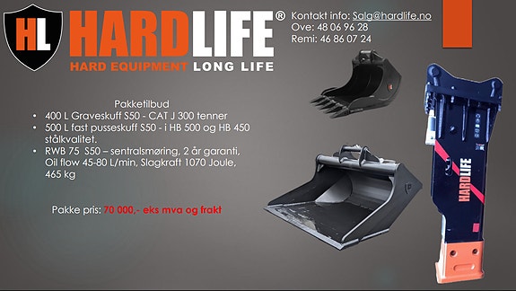 Hardlife S50 utstyrspakke 8t maskin: Pigghammer - Graveskuff - pusseskuff