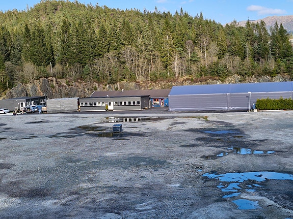 Fjellanger Hundesenter (fra venstre) hybelhus, laboratoriet/lager, undervisning/kontor, plasthall og kennel/hundepensjonat (bakerst langs fjellet).