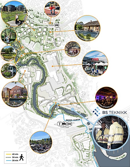 Områdekart for Lilleakerbyen.
BS Teknikk holder til i de sjarmerende trehusene med elven rennene utenfor vinduene våre.