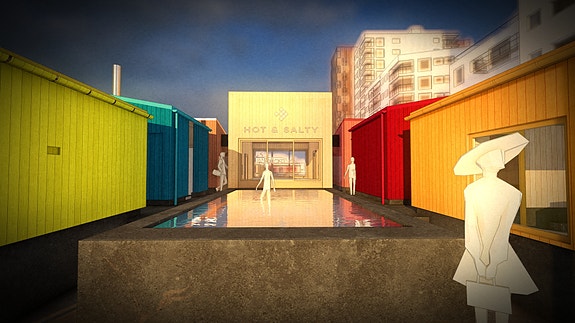 Varmt saltvannsbasseng med serveringsmuligheter fra resepsjonsbygget