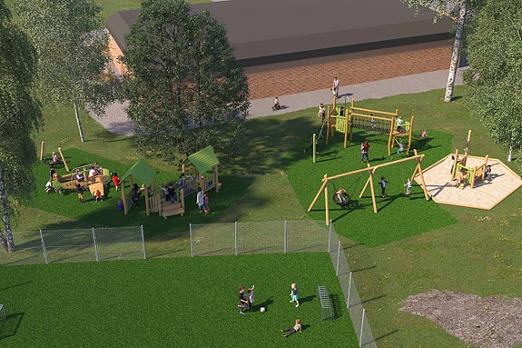 Utelekeplassen på baksiden med nye lekeapparater til oppstarten