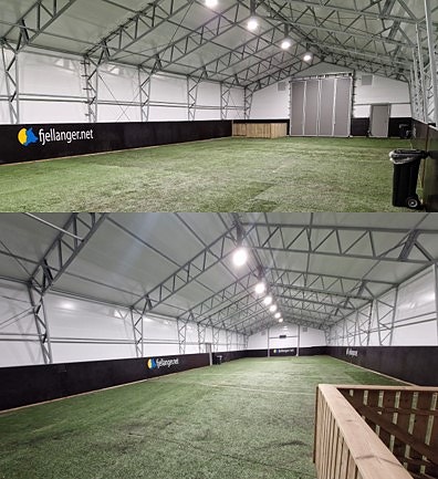 Oppvarmet plasthall med kunstgress gir gode forhold for trening og kursaktivitet hele året.