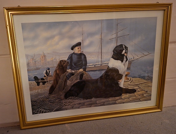 Signert og nummerert litografi: A. Mainman 1987 – Newfoundlandshunder