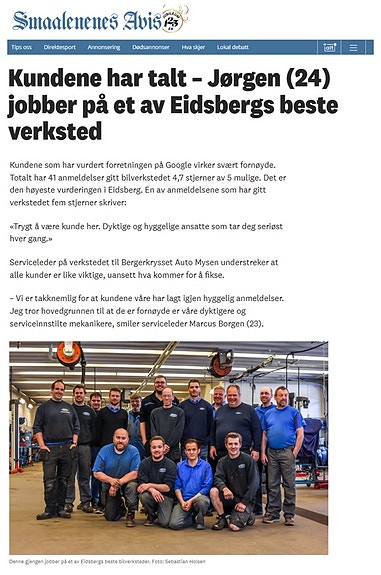 Kundene har talt! Fra artikkel i lokalavisen for noen år tilbake. Bergerkrysset Auto Mysen AS ble kåret til det beste verkstedet i kommunen!