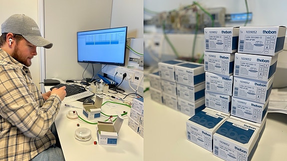 Elektro- og automasjonstekniker Markus klargjør Theben-produkter som skal ut på prosjekt