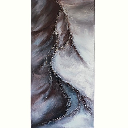 Original abstrakt maleri 50×100 cm, varme jordtoner med gull