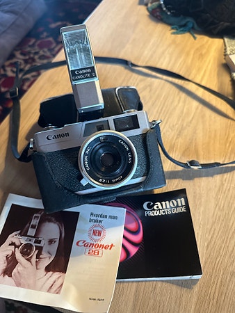 Canon Canonet 28 vintage kamera m/blitz, veske og manual – retro klassiker