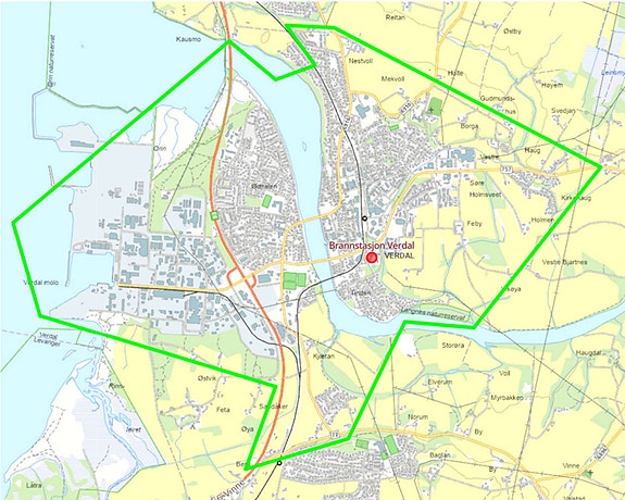 Bo- og arbeidsted innenfor grønn oppmerking.