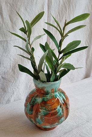 Vintage keramikkvase – Fat Lava stil 70-tallet | turkis og rust glasur