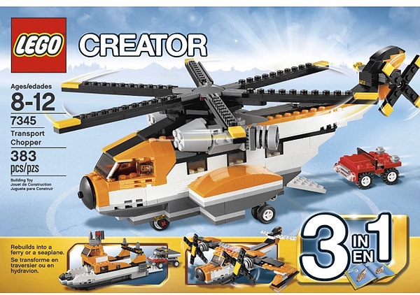 Sju Lego sett med biler, båter,  fly  og drage