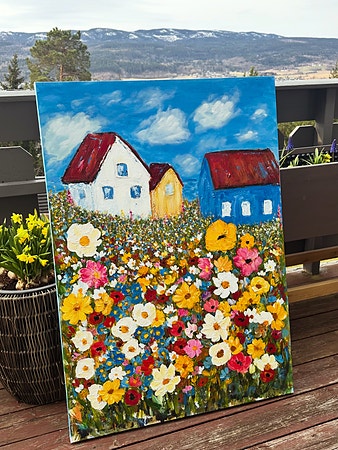 Fargerik blomstereng med hus – original maleri (70x100 cm