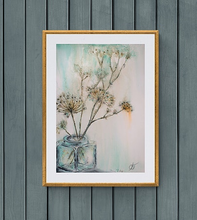 Akvarell original veggkunst maleri stilleben vintage glassvase