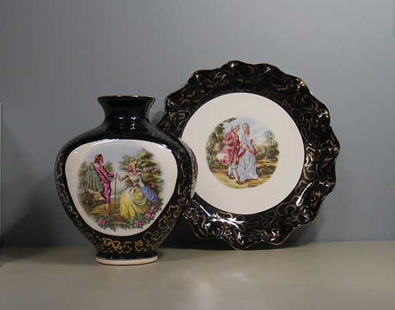 Kråkerøy Keramikk – vintage vase & fat i sort/gull