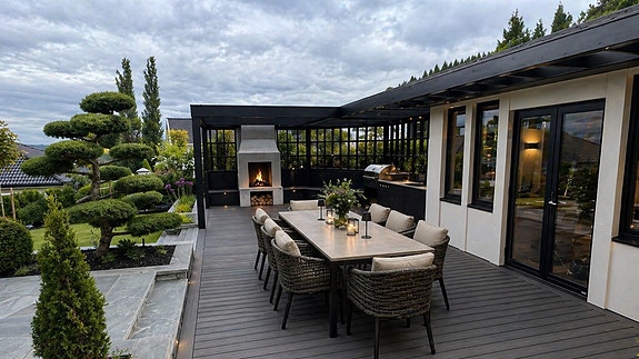 Pergola, utekjøkken, utestue, skifer og fiberon