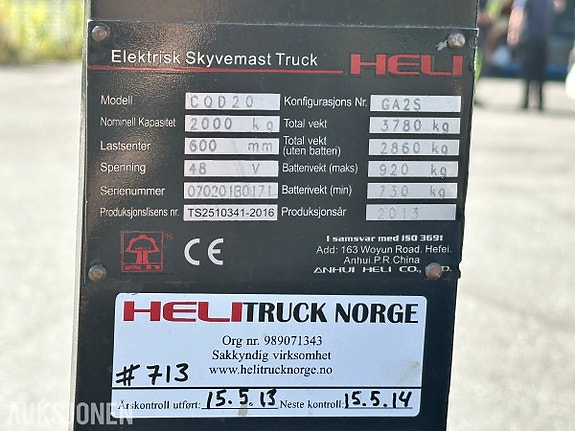 Heli CQD20 elektrisk skyvemasttruck – 2.000 kg / 6,8 m – nytt batteri 2026, Ca 700 timer 10 of 30