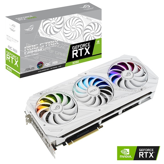 Hvit ROG Strix 3090 OC med EKWB vannkjøling