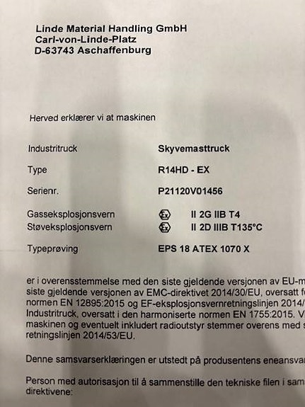Linde R 14 HD - EX, Atex Cat. 2G/2D - Zone 1/21 10 of 13