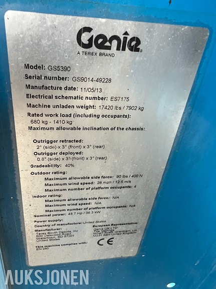 Genie GS-5390RT dieseldrevet terrengsakselift med 18,1 m arbeidshøyde og stor plattform 21 of 25