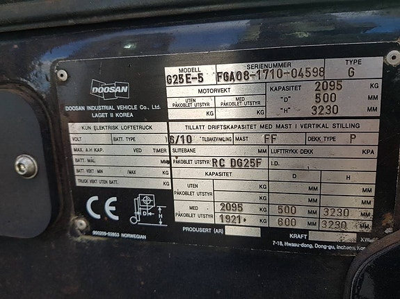 Doosan G25E-5 - 2,5 tonns propan - 3,23 m LH 14 of 14