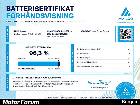 Leveres med batterisertifikat på batteritilstanden. Cara godkjent dokument.