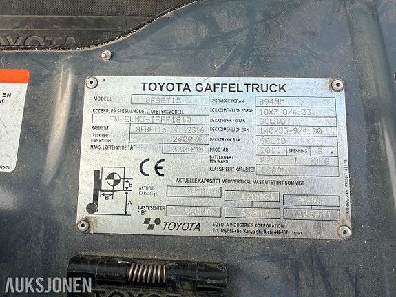 Toyota 8FBET15 motvektstruck 1500KG LAVT TIMETALL 10 of 30