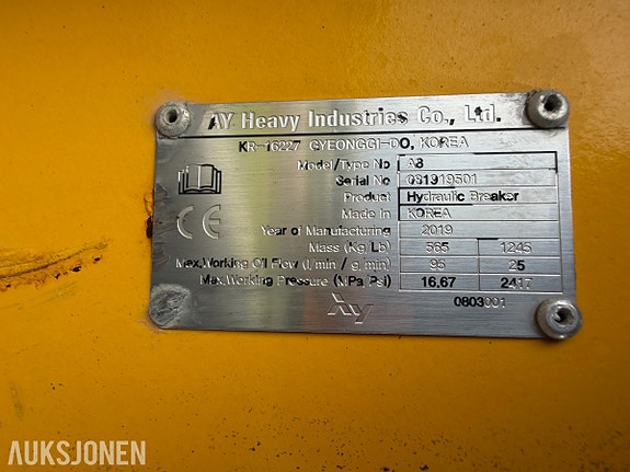 Andre 2019 AY Heavy Industries A8 hydraulisk pigghammer - 565 kg - 95 l/min - festebrakett - ekstra pigg 17 of 18