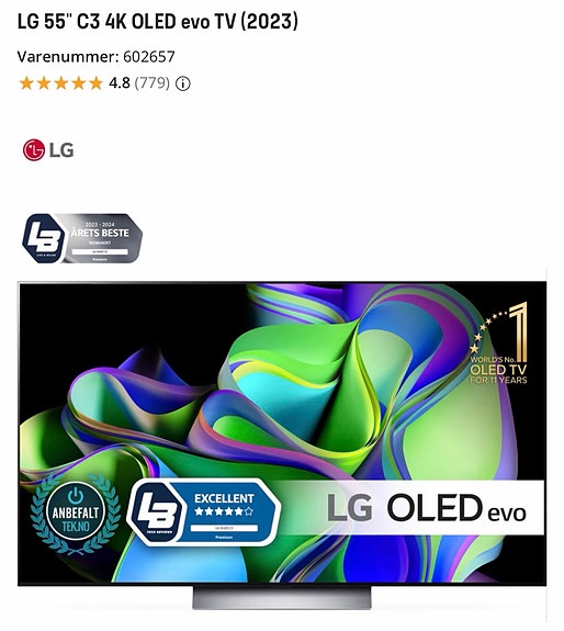 LG 55" C3 4K OLED evo TV (2023) inkl. veggfeste