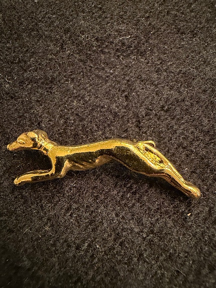 Nål av panter, 4 cm lang, gullbelagt.