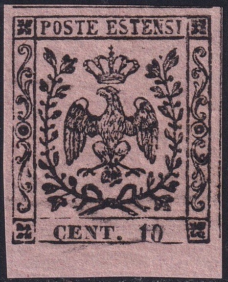 Antikke italienske stater - Modena 1852 - I^ Em. 10 c. rosa uten prikk Sass 2 Bd