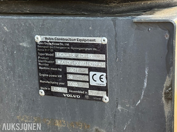 Volvo ECR145EL - DigAssist - Rotortilt - 3 Skuffer - Hammer - 4655T 10 of 30