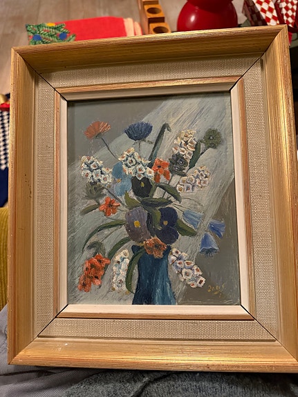 Stilleben signert Johs 1960 maleri på plate innrammet