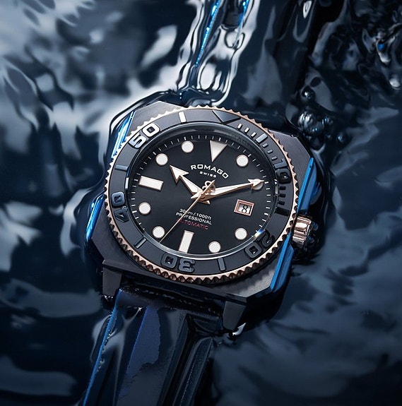 Romago - ProAquanaut 300 - Swiss Automatic - 26 Jewels - Square - Gold - NEW - H