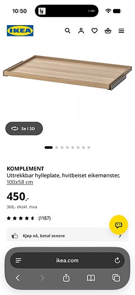 KOMPLEMENT Uttrekkbar hylleplate, hvitbeiset eik , 100x58 cm