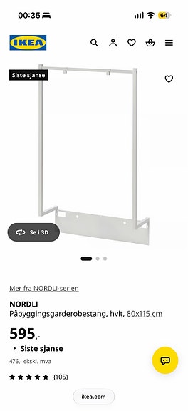 Nordli Påbyggingsgarderobestang