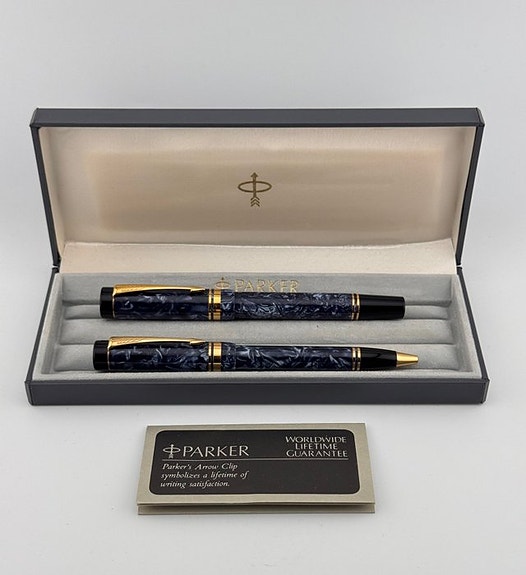 Parker - Set Parker Duofold Blue Marbled – Pluma estilográfica (Plumín Oro 18K)