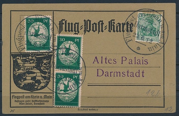Det tyske keiserrike 1912 - Rhein-Main flypost 3 × 30 Pf Mehrfachfrankatur på fl