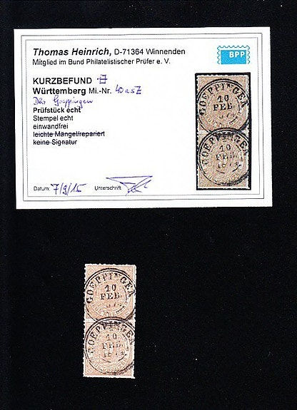 Württemberg 1869 - Vertikalt par, frimerker med «skrafferte sifre» fotobevis, ti
