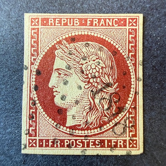 Frankrike - Yvert 6 "Cérès 1fr carmin" avstemplet. TB.