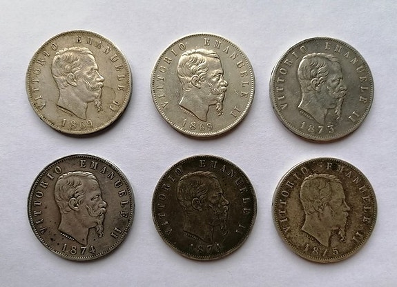 Italia. Vittorio Emanuele II. 5 Lire 1869/1875 (6 monete)