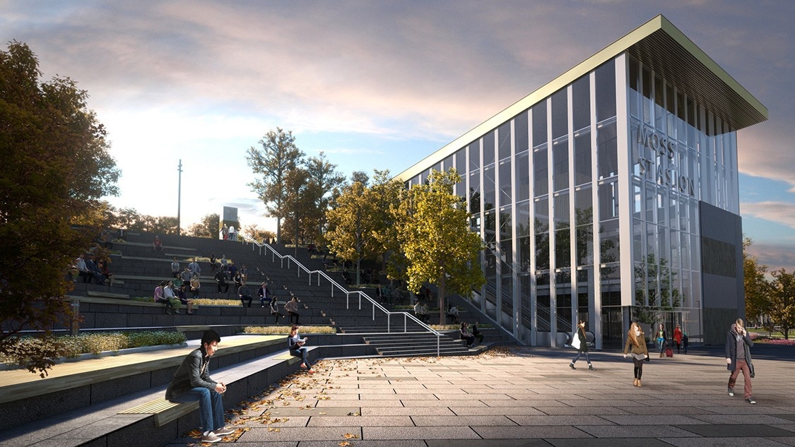 Med nytt dobbeltspor og en knutepunktstasjon i Moss sentrum skal Østfoldbanen få kortere reisetider, hyppigere avganger og økt kapasitet. 
Illustrasjon: Rambøll/Bane Nor