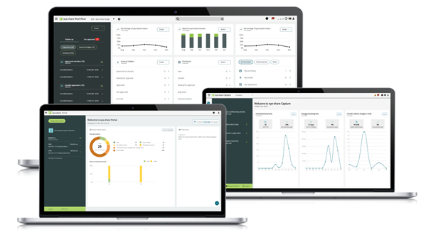 eye-share Programvare Suite'n består av tre produktlinjer: eye-share Workflow, eye-share Capture og eye-share Portal, som sammen forenkler hele prosessen fra innkjøp-til-betaling.